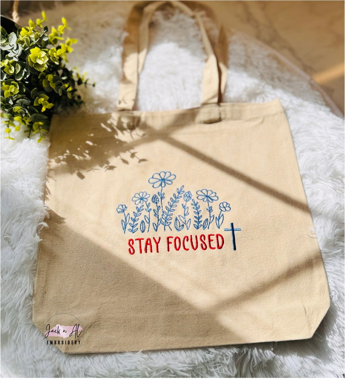 Embroidered Stay Focused Tote Bag