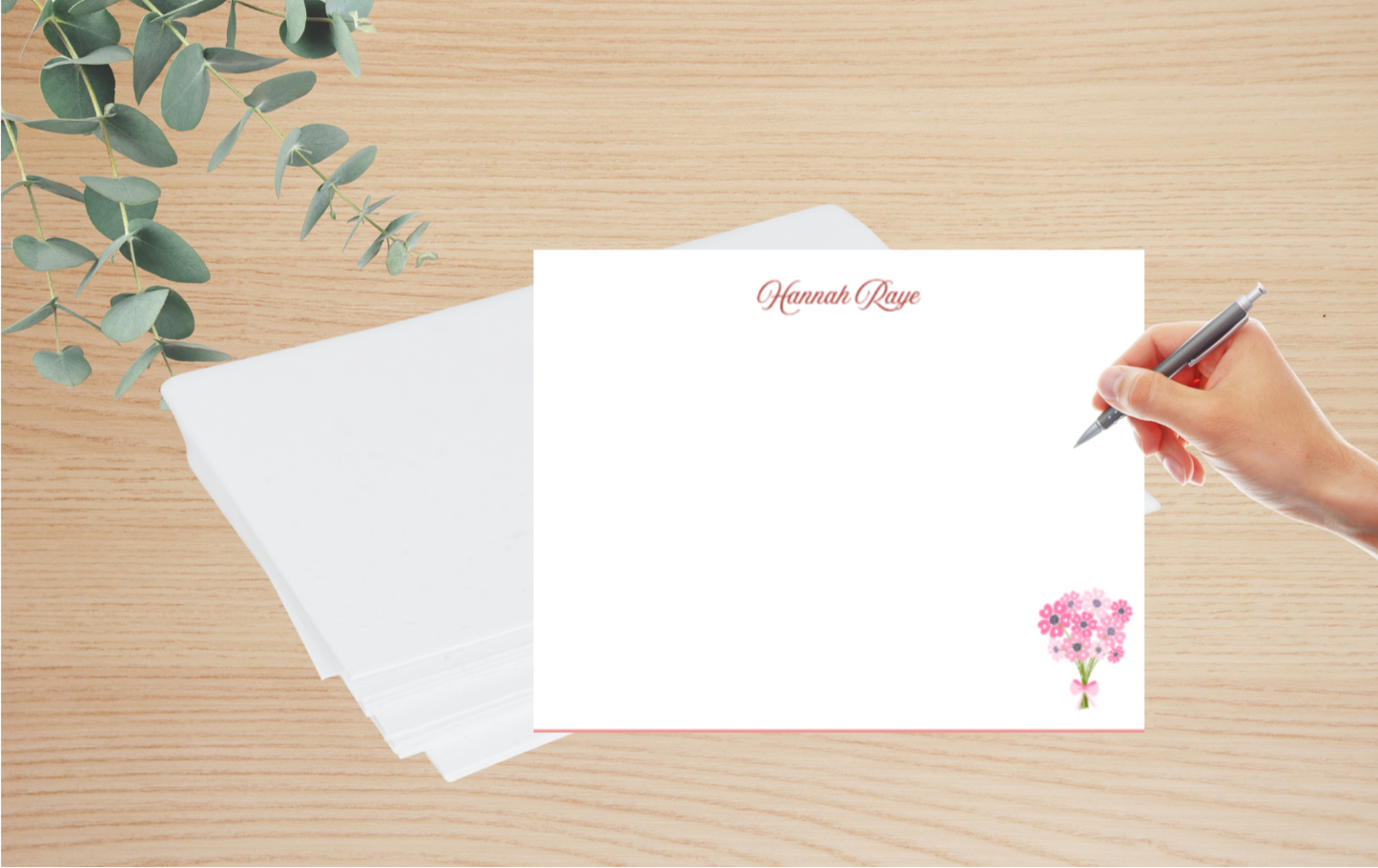 Personalized Pink Floral Bouquet Note Card Stationery