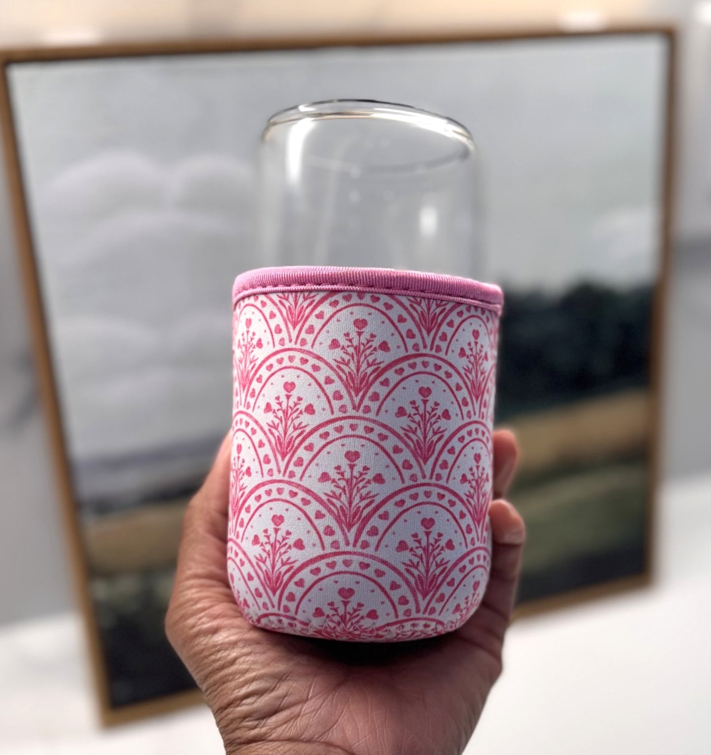 Pink Flowers with Hearts Cup Cozy Sleeve - small