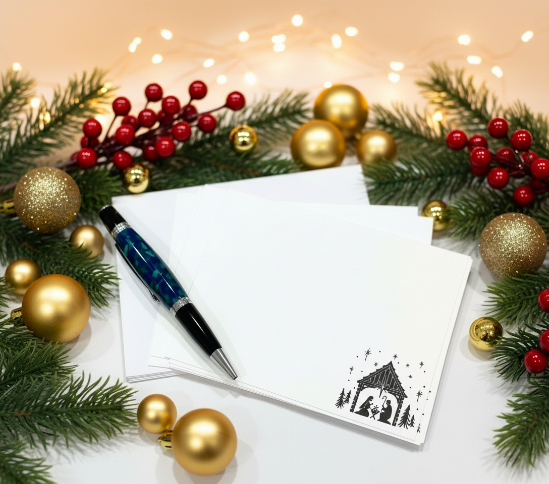 Christmas card with pen and festive decorations on a white background