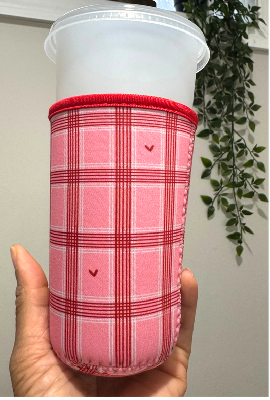 Valentine's Pink Checkered Hearts Cup Cozy Sleeve