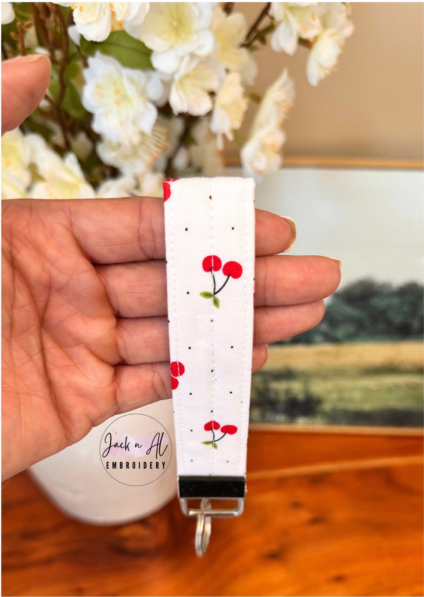 The Cherries and Dots Keychain Wristlet